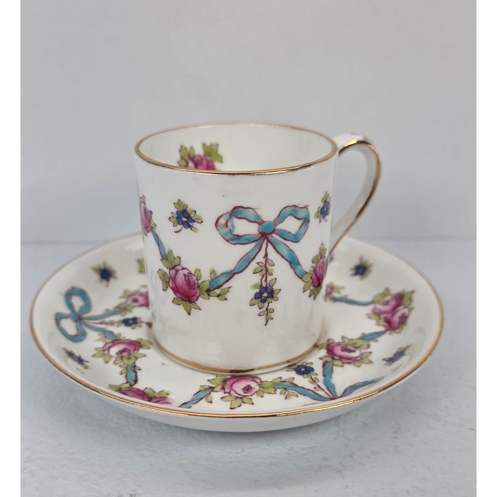 Crown‎ Staffordshire Demitasse Cup Saucer Pink Rose Blue Ribbon Gold Gilt 74547